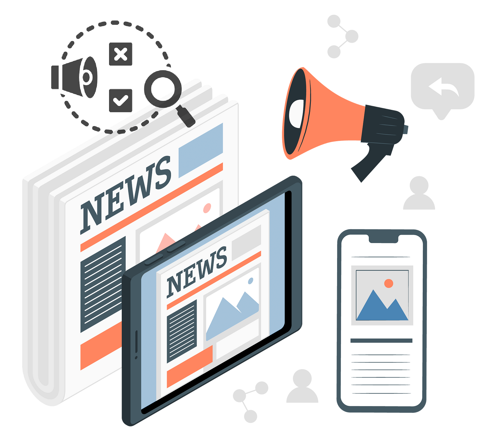 An illustration of news on paper and digital devices, social network icons, and a fact checking icon