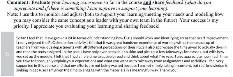 Sample formative feedback to support monitoring and adjusting my instruction. I do a check-in each learning module with varied prompts to also model how they can get feedback from their school community.
