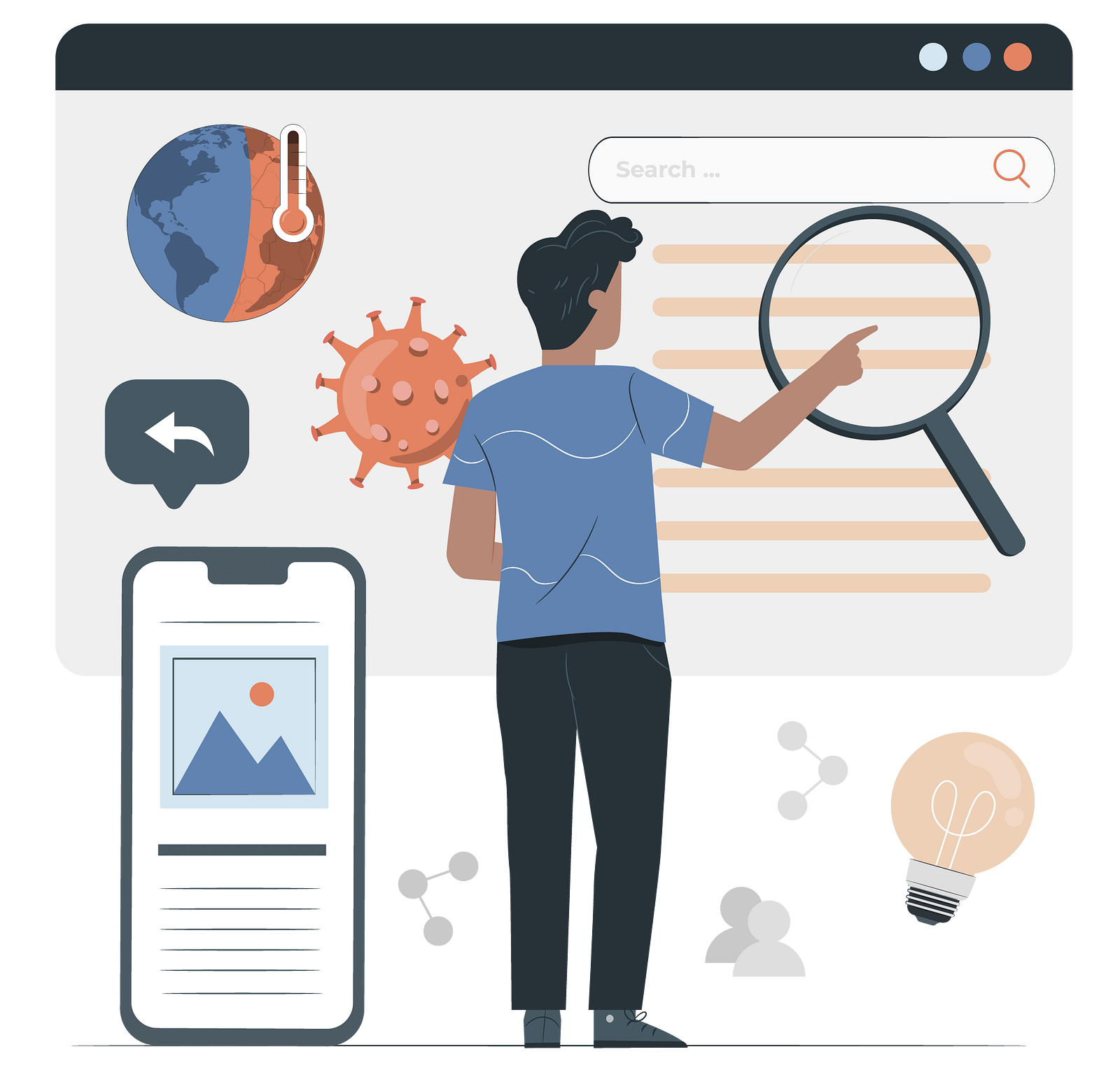 An illustration of a man searching for information in a web browser