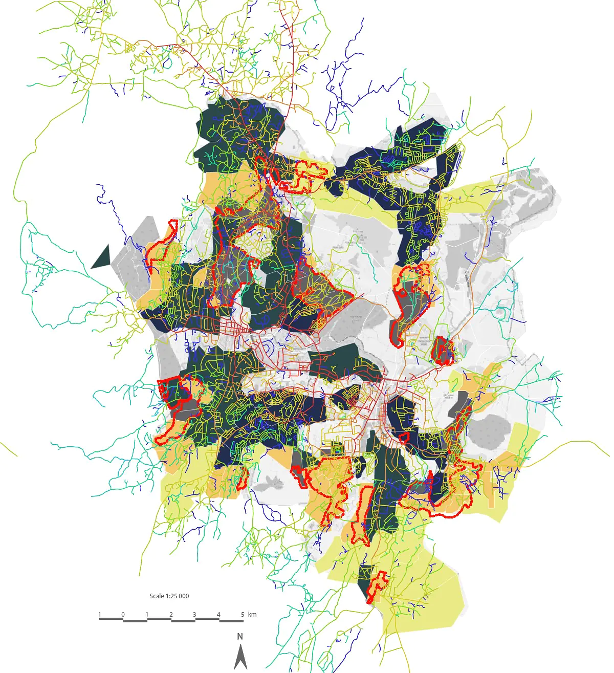Composite Map Showing Parameters of Proximity and Density According to Moreno’s 15-Minute City (2022)