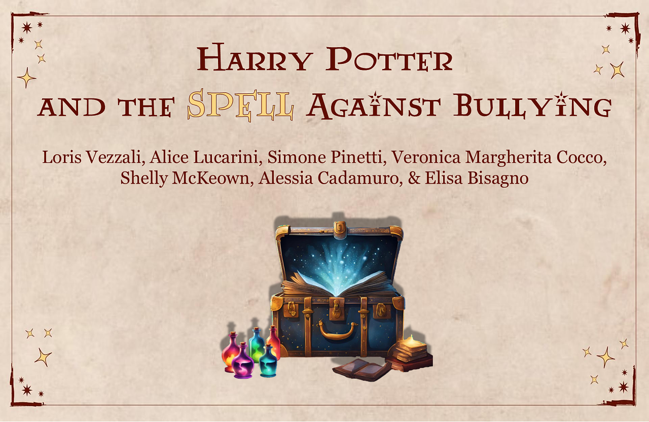 Slide showing the study title and authors, featuring an illustration of a magical chest with colorful potion bottles.