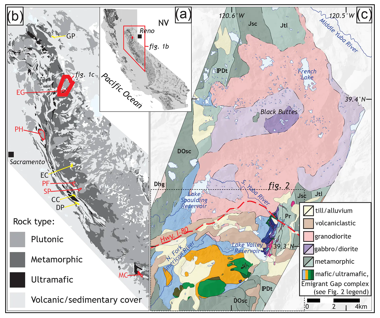 Overview map of the Emigrant Gap mafic complex (EG), showing other Jurassic mafic complexes of the Sierra Nevada batholith.