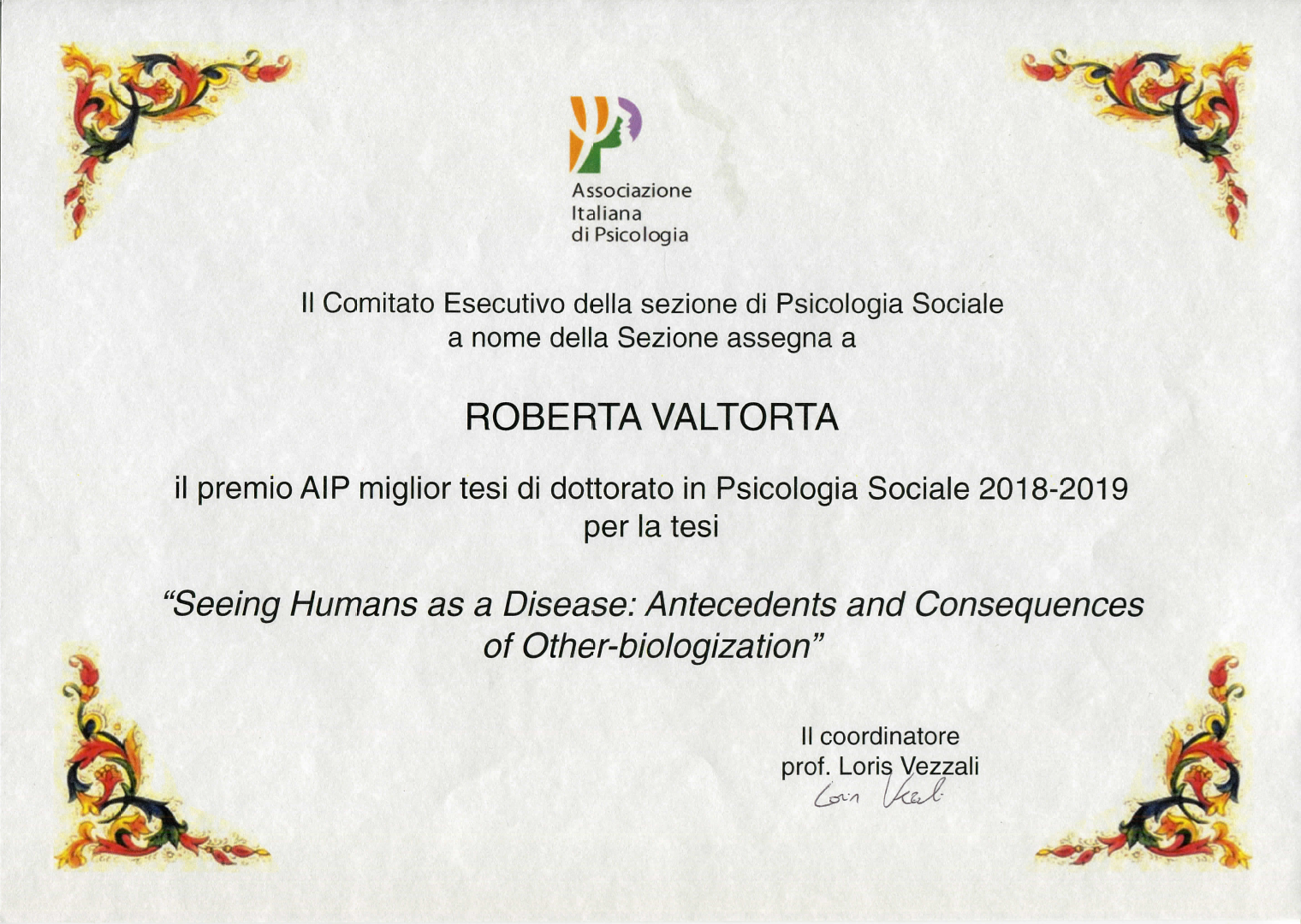 Official award certificate (in Italian) for the "Best Doctoral Dissertation in Social Psychology 2019" award.