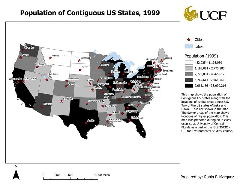 Population of Contiguous US States along with the locations of capital cities across US. Two of the US states – Alaska and Hawaii – are not shown in the map. The darker areas of the map shows locations of higher population. 