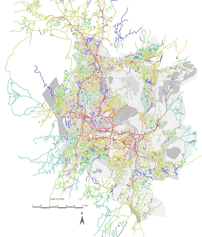 Blantyre Land-Use Map Overlaid with Segment Analysis Shows Industrial Zones to be the Most Integrated and Connected (2022)