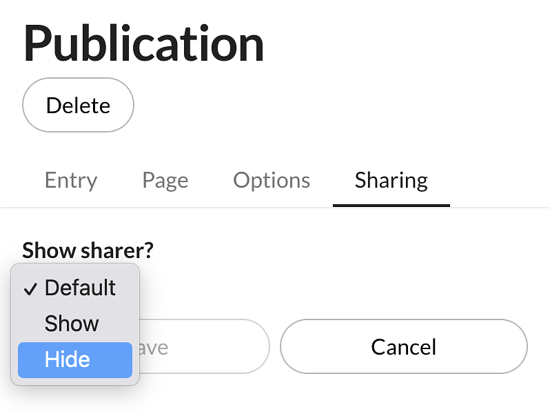 Hide the sharer widget for a publication page
