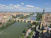 Spain, Aragon, Zaragoza (2026): View of the Ebro river running through the city, seen from the northern tower of the Basilica del Pilar