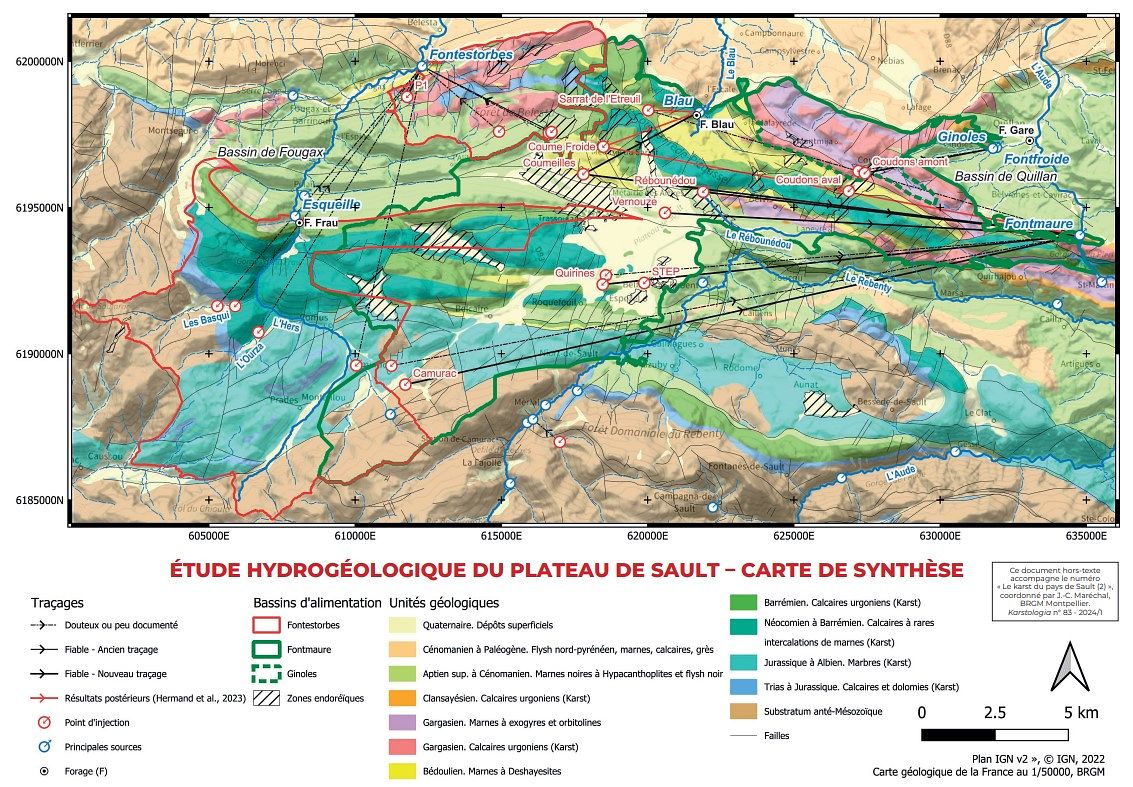 Hydrogeological map of the Plateau de Sault karst system
