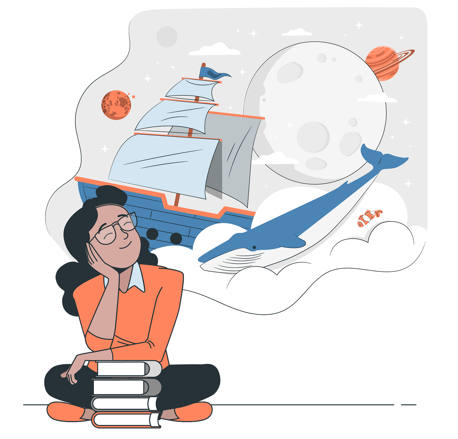 An illustration of a woman with a stack of books closing her eyes and imagining a fantastic scene