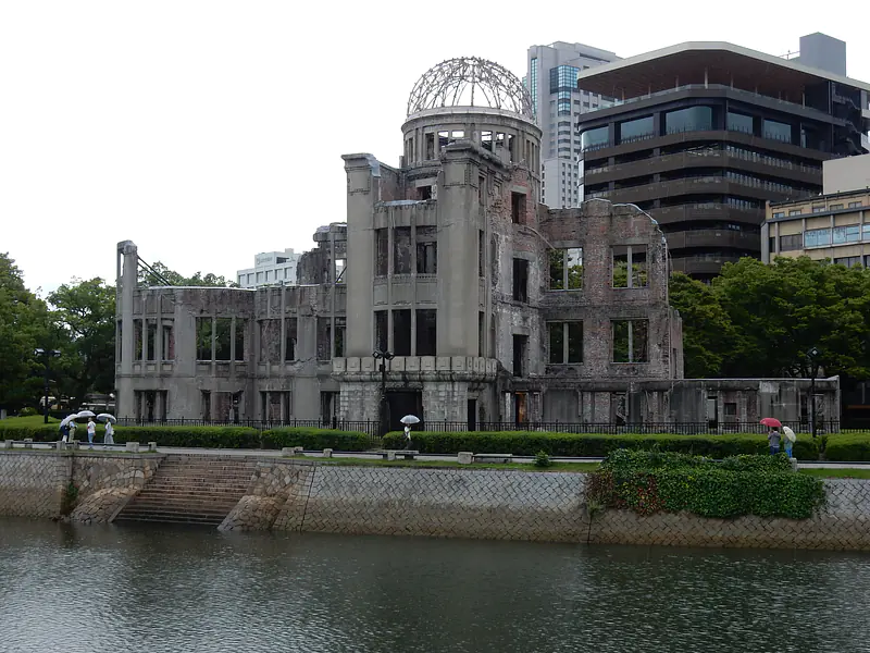 Japan, Hiroshima (2017): Also remains, but not as ancient - view of the A-Bomb Dome or Hiroshima Peace Memorial, destroyed by an atomic bomb in 1945 CE