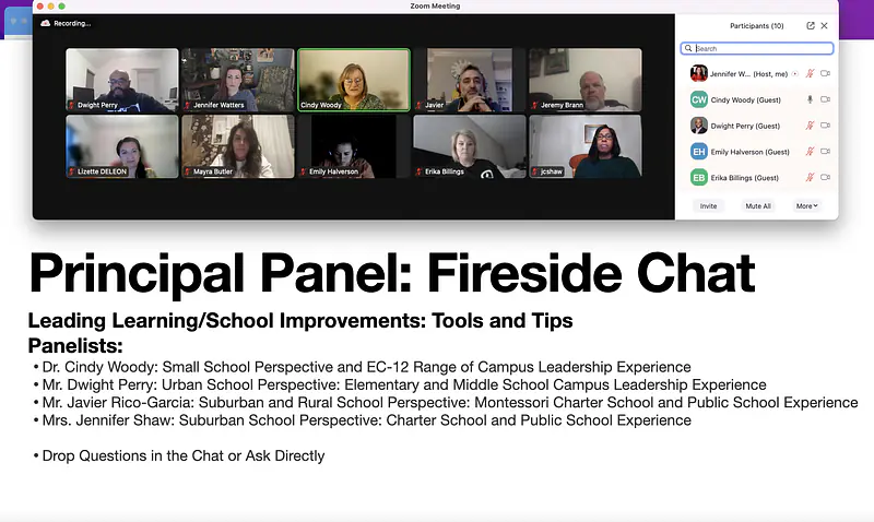 Sample virtual learning community: fireside chat with practicing school leaders.