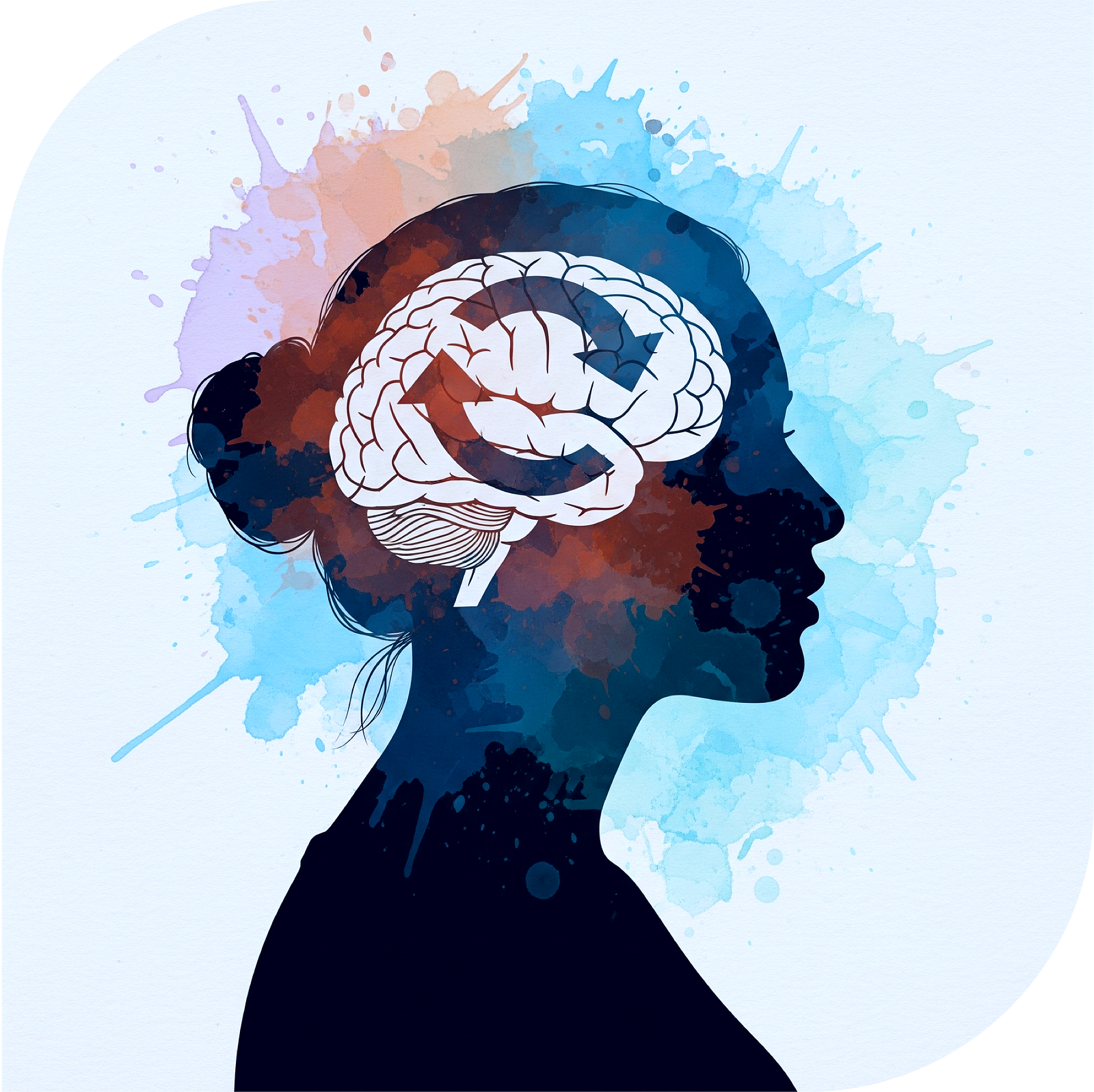 A silhouette of a woman's head with a brain and update symbol overlaid on top