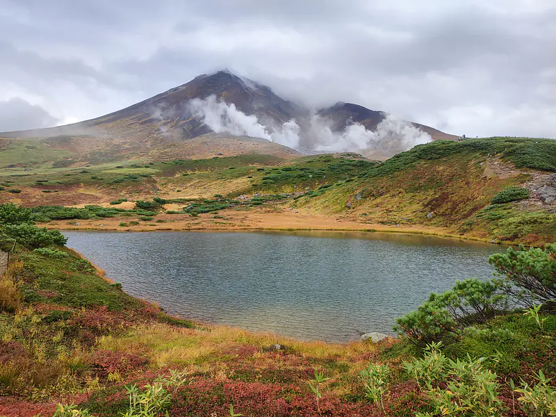 Japan, Hokkaido (2023): View towards Asahidake, an active stratovolcano and highest mountain of Hokkaido