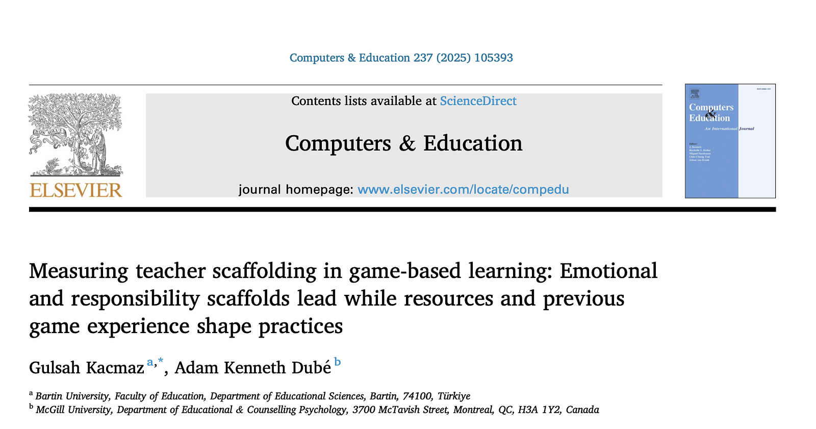 Screen shot of the journal article cover page, with the title of the article and the authors