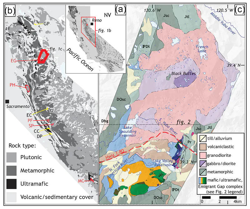 Overview map of the Emigrant Gap mafic complex (EG), showing other Jurassic mafic complexes of the Sierra Nevada batholith.