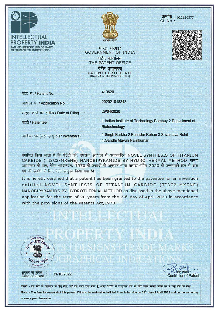 Barkha Singh, Rohan Bahadur, Mayuri Gandhi, Rohit Srivastava. Green Synthesis of PEGylated-Tungsten Disulfide Quantum Dots, Patent granted: 432989, May 2023. 