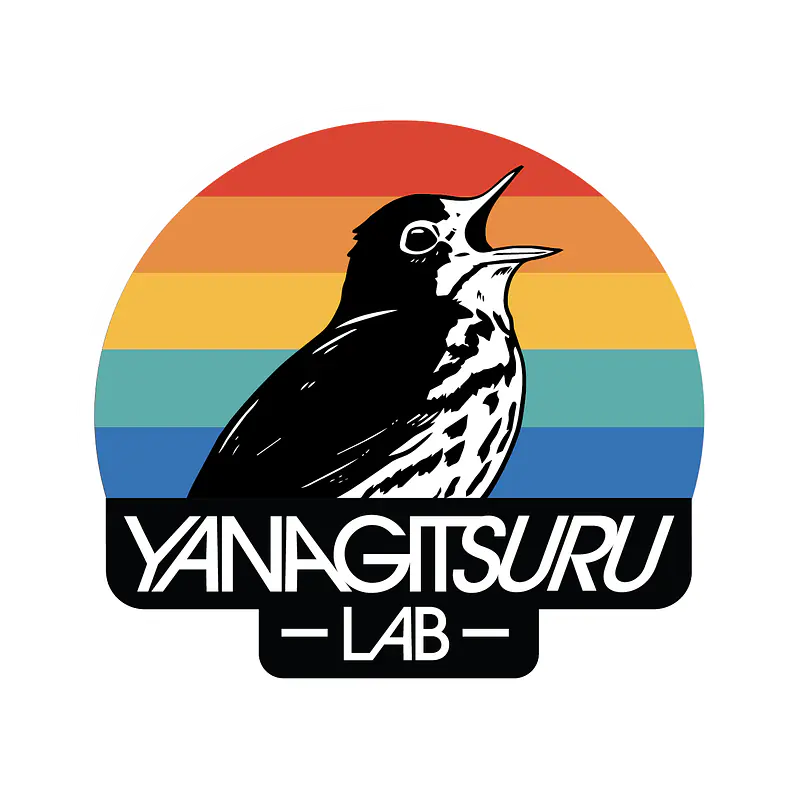 The Yanagitsuru Lab logo, showing a singing ovenbird on a rainbow background