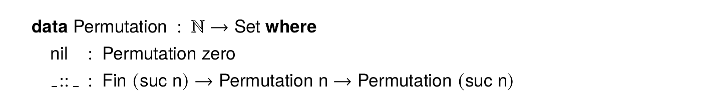 Agda code: Permutation n defined inductively as nil, or a Fin (suc n) pivot consed onto a smaller Permutation n.