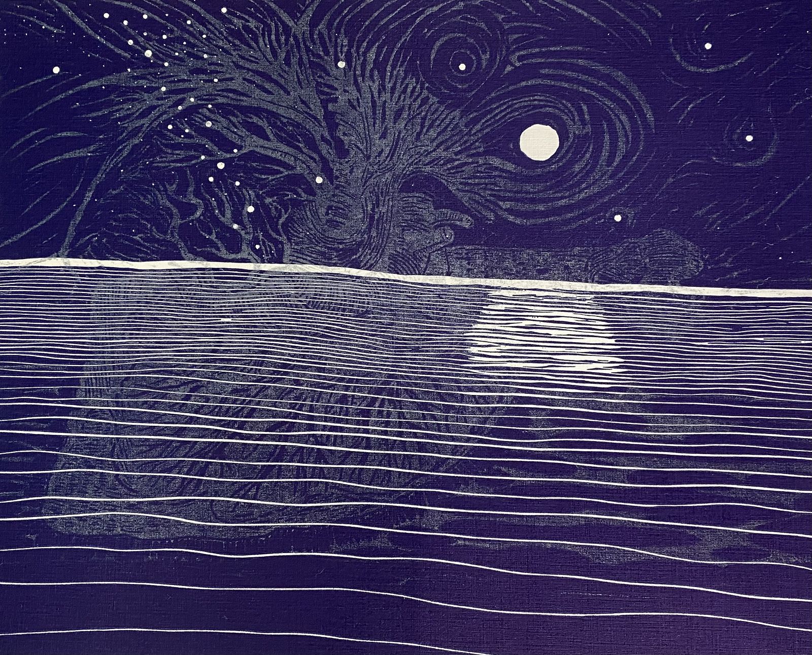 An image of moonrise over a moving ocean is overlayed with an iridescent human lung with air currents