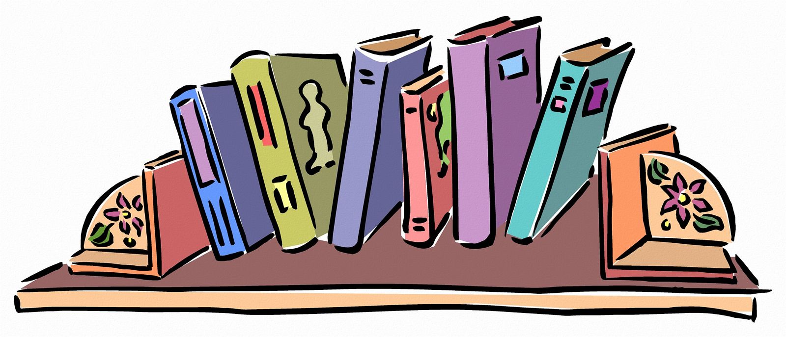 Image of a bookshelf with books of various shapes and sizes.