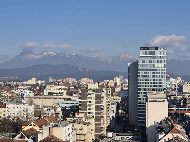 Slovenia, Ljubljana (2025): View towards the Julian Alps from Ljubljana's historical Nebotičnik highrise building